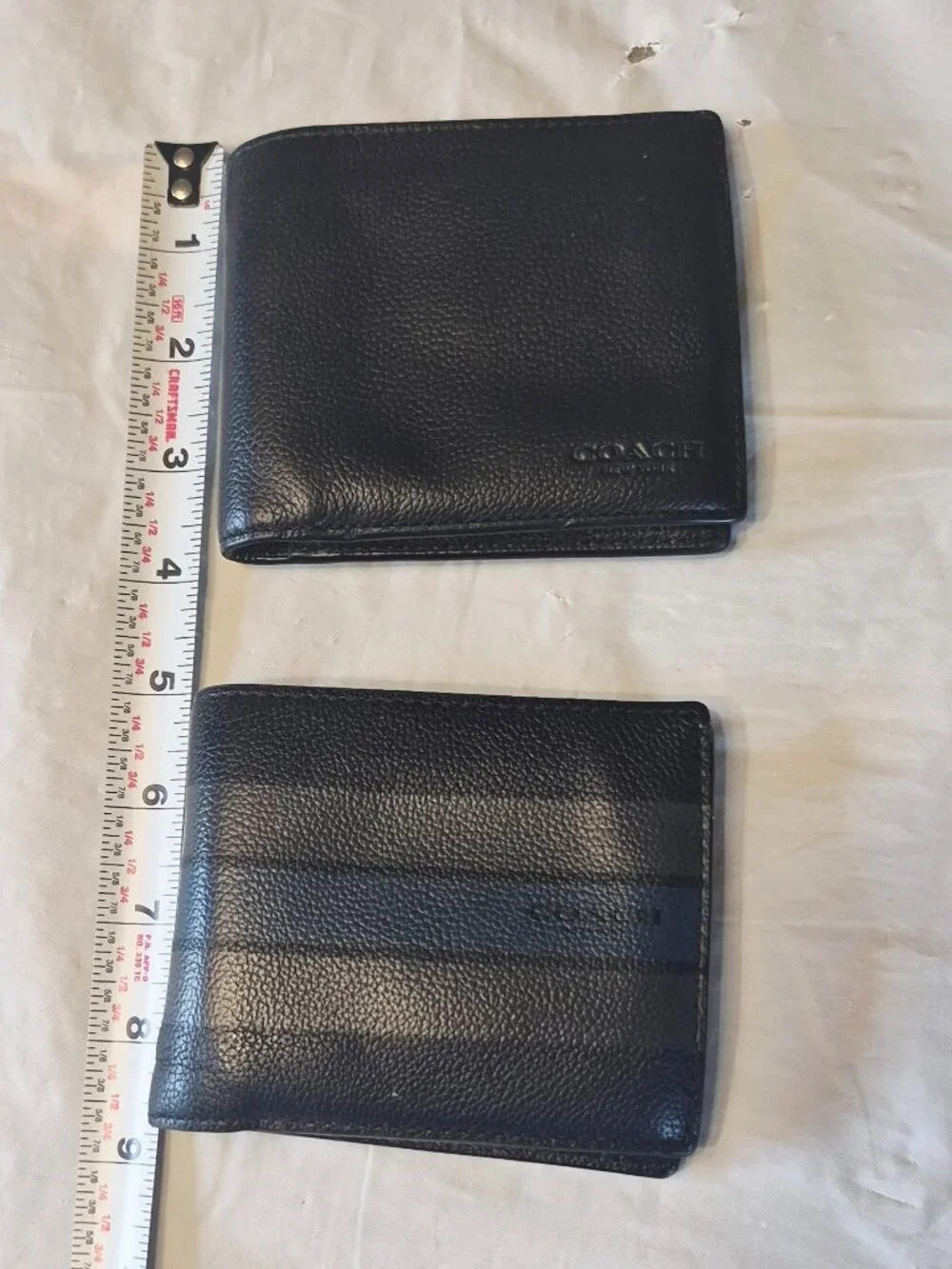 Two Men's Coach Classic Bifold Leather Wallets One Solid, One Striped